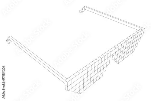 Isometric vector illustration of eyeglasses composed of multiple rectangular shapes in black outline on white background. This minimalist design features clean geometric lines and uniform stroke.