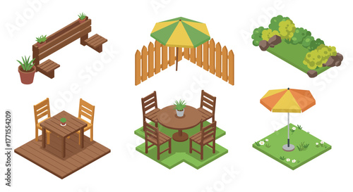 Isometric outdoor furniture and garden set with tables, chairs, and umbrellas