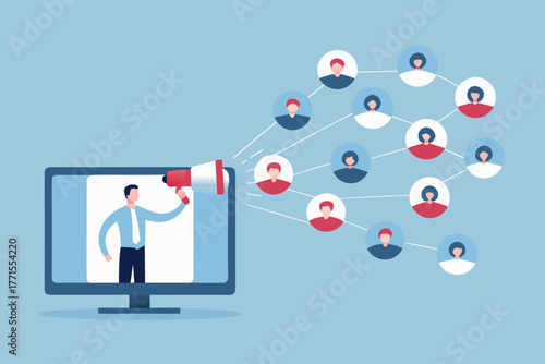 Digital marketing campaign spreading messages from a computer screen to a network of people