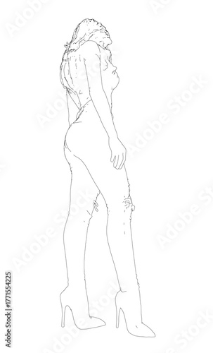 A young girl with long hair wears a casual shirt and jeans in this detailed sketch.