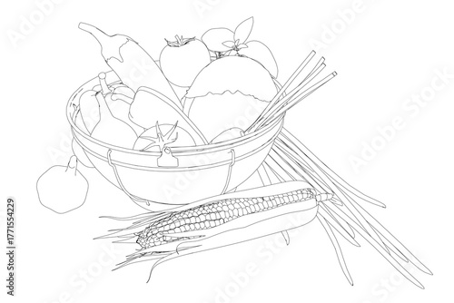 A basket full of vegetables including carrots, peppers, onions, and tomatoes. The produce features a black contour outline against a stark white background for a bold, graphic look.