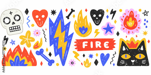 Whimsical hand drawn doodle elements featuring skulls hearts flames lightning bolts and a black cat