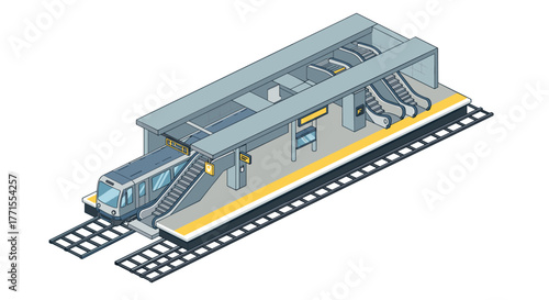 Modern urban subway station with escalators and train in isometric style
