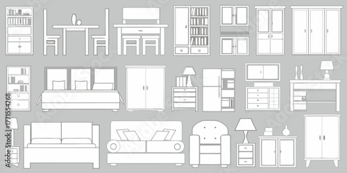 Collection of white line art furniture icons for interior design and home decor on a gray background