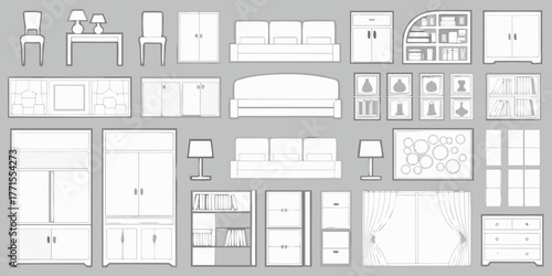 Collection of hand drawn furniture and home decor items in a simple line art style on a gray background