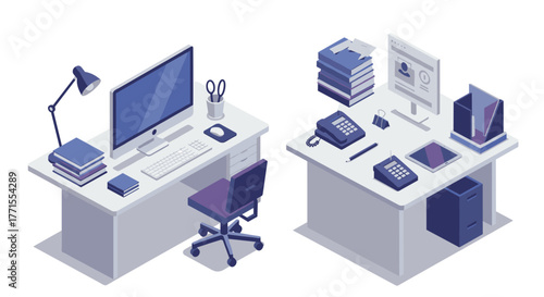 Modern isometric office desks with computers and accessories