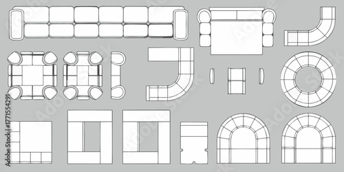 Collection of modern furniture top view line drawings for interior design layouts