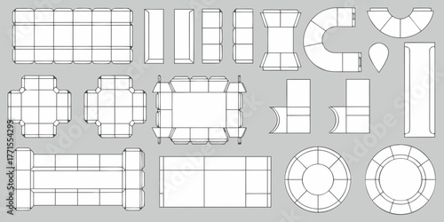 Collection of flat lay packaging box templates and die cuts for folding and assembly