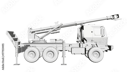 Polygonal military rocket launcher truck. Side view. 3D