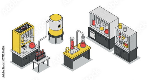 Isometric laboratory equipment and chemistry setup with modern scientific apparatus