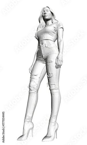 A confident girl with long hair, wears a stylish shirt and ripped jeans with high heels.