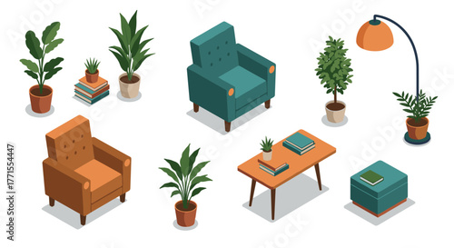 Modern isometric home interior elements with armchairs and plants