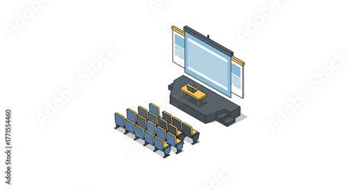 Isometric conference room setup with stage, screen, and seating