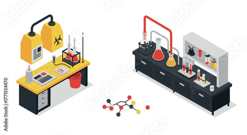 Isometric laboratory setup with chemistry equipment and molecular model