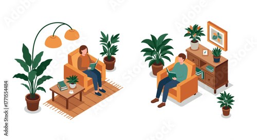 Cozy home reading nook with indoor plants and modern furniture in isometric style