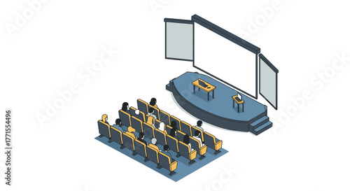 Isometric conference presentation with audience seated in modern auditorium