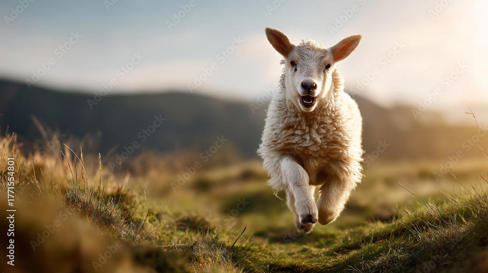 Obraz premium Innocent lamb running joyfully to Jesus Christ open arms Good Shepherd powerful symbolism biblical pastoral imagery Christian faith and care divine loving compassion spiritual