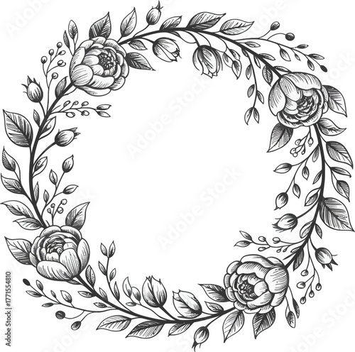 Floral Embellishment: A delicate wreath of meticulously drawn flowers, leaves, and buds, forming a circular design, captures the essence of refined artistry and timeless beauty.