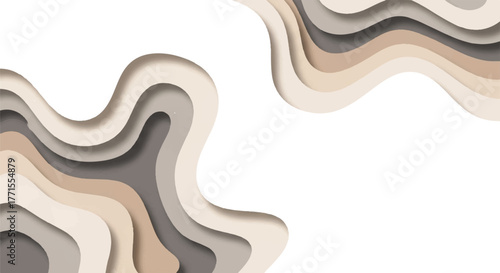 Abstract layered wavy lines in beige gray and brown hues on a white background with a minimalist design aesthetic.