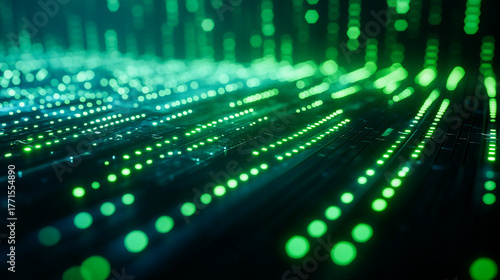 Futuristic technology background with green illuminated binary code matrix in perspective view, featuring depth of field and glowing blue tones