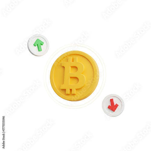 3d icon of bitcoin cryptocurrency coin with up and down arrows isolated on transparent background