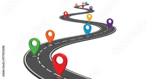 Illustration of a winding road with colorful location pins on a white background, conveying a sense of journey and navigation.