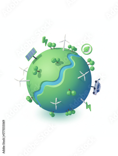 Green eco planet powered by renewable energy sources like wind turbines and solar panels