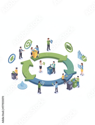 People working together in a circular economy system promoting recycling and sustainability.