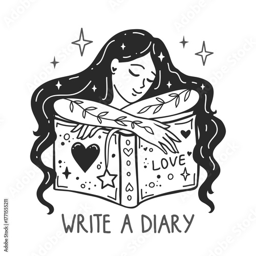 Girl reading a book. Self care Feminine vector Illustrations. Mental Healthcare. The woman harmony. Doodle style