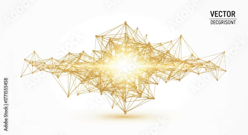 Golden geometric network illustration with interconnected lines and nodes radiating light on a white background.