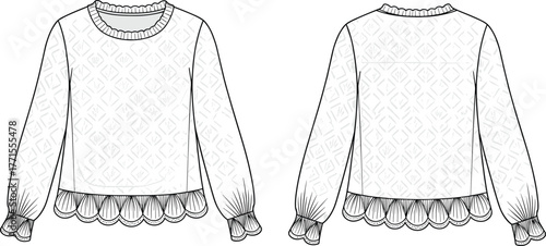 Scalloped blouse technical sketch, diamond texture, balloon sleeve, ruffled cuff, round neckline, front and back view, cad drawing flat vector illustration