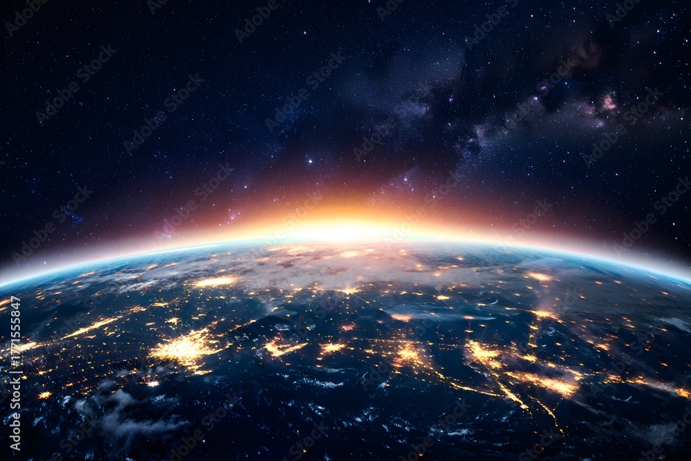Obraz premium Earth from space with city lights and sunrise showing the curvature of the planet