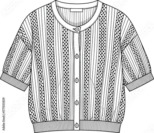 Short sleeve cardigan, round neckline, button front, ribbed hem and cuffs, vertical stripe texture, fashion sketch, cad drawing flat vector illustration