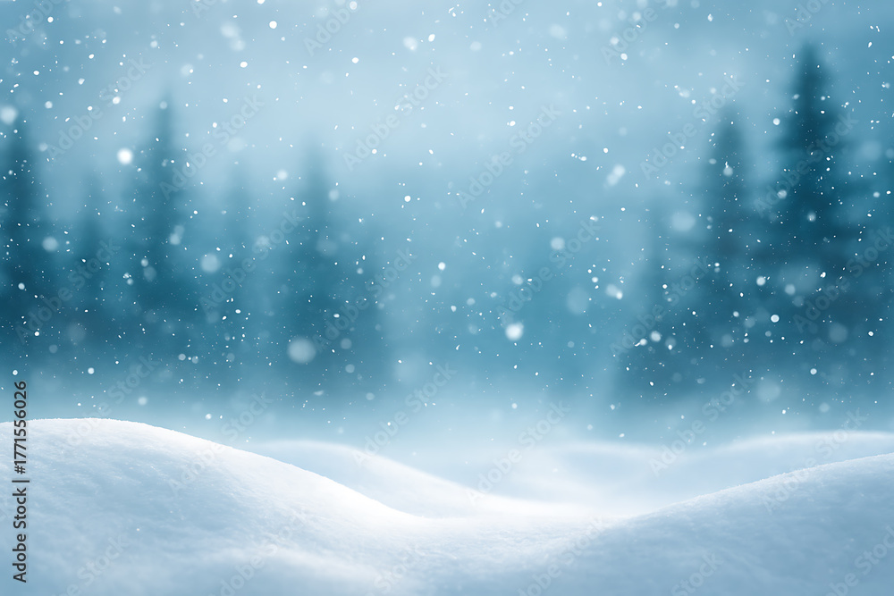 Naklejka premium Misty winter forest scene with falling snowflakes