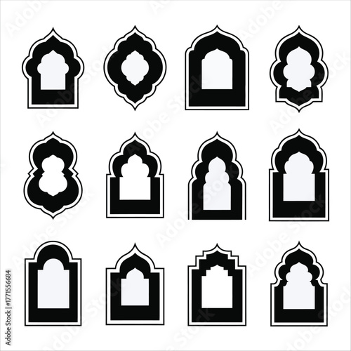 Set of 12 Islamic Arch Frame Silhouettes: Moroccan Window Design Vector