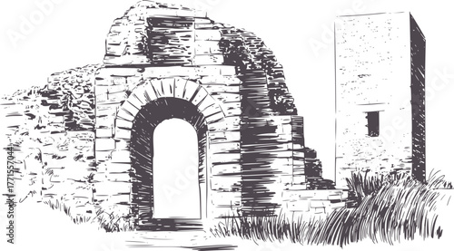 Ancient Stone Archway Ruins and Tower architecture