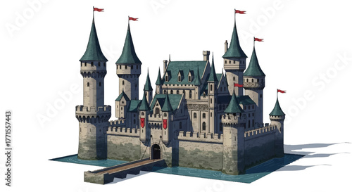 3D illustration of a medieval-style castle with towers and flags on a white background with a subtle shadow effect.