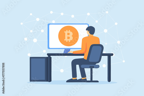 Man sitting at desk working on computer displaying bitcoin symbol and blockchain network