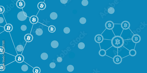 Abstract network of bitcoin cryptocurrency symbols connected by lines on a blue background with scattered circles