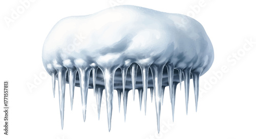 A detailed close-up of a frozen jellyfish with icicles hanging from its translucent body against a plain white background.