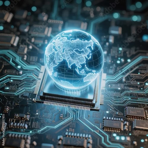 Global Digital Network - Earth on CPU with Circuit Board, AI, and Big Data.