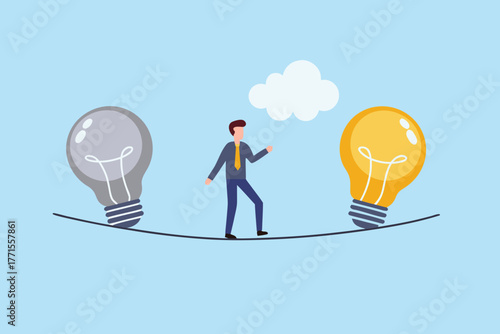 Man balancing on a tightrope between a dead lightbulb and a bright idea lightbulb with a cloud above