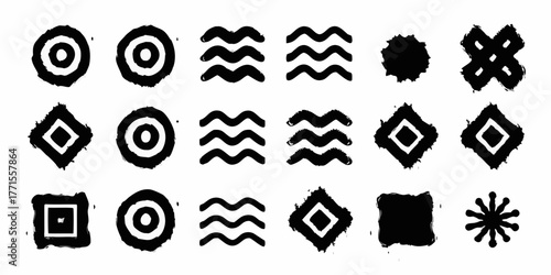 Collection of hand drawn black abstract symbols and icons with a distressed brush stroke texture on white background
