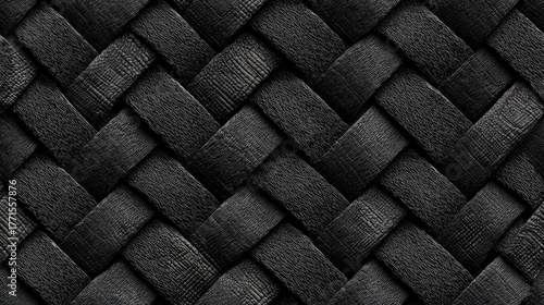 Detailed close up showcases a tight, over and under basket weave texture in dark charcoal