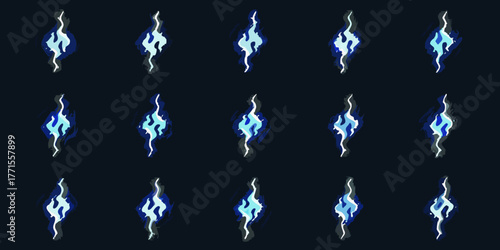 Collection of stylized blue energy or fire effects with a dark background for animation or game design