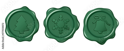 Christmas wax seal stamp. Set of green pine tree, snowflake, bell sealing wax stamps decorative elements. Elegant vintage sign mockup for invitation, cards, tags, banner, letters, calligraphy, etc.