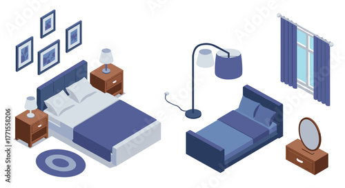 Modern home bedroom decor with isometric beds, nightstands, and accents