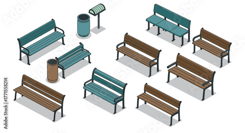 Isometric park benches and trash cans collection for outdoor spaces design