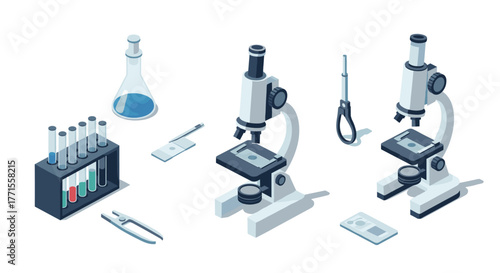 Isometric microscope and laboratory equipment on white background