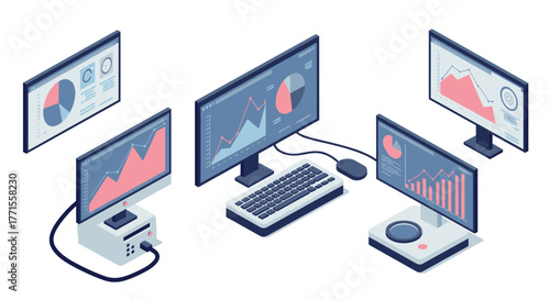 Isometric computer monitors displaying data with graphs and charts for analytical insights